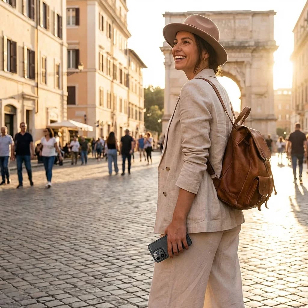 Traveler managing her eSIM