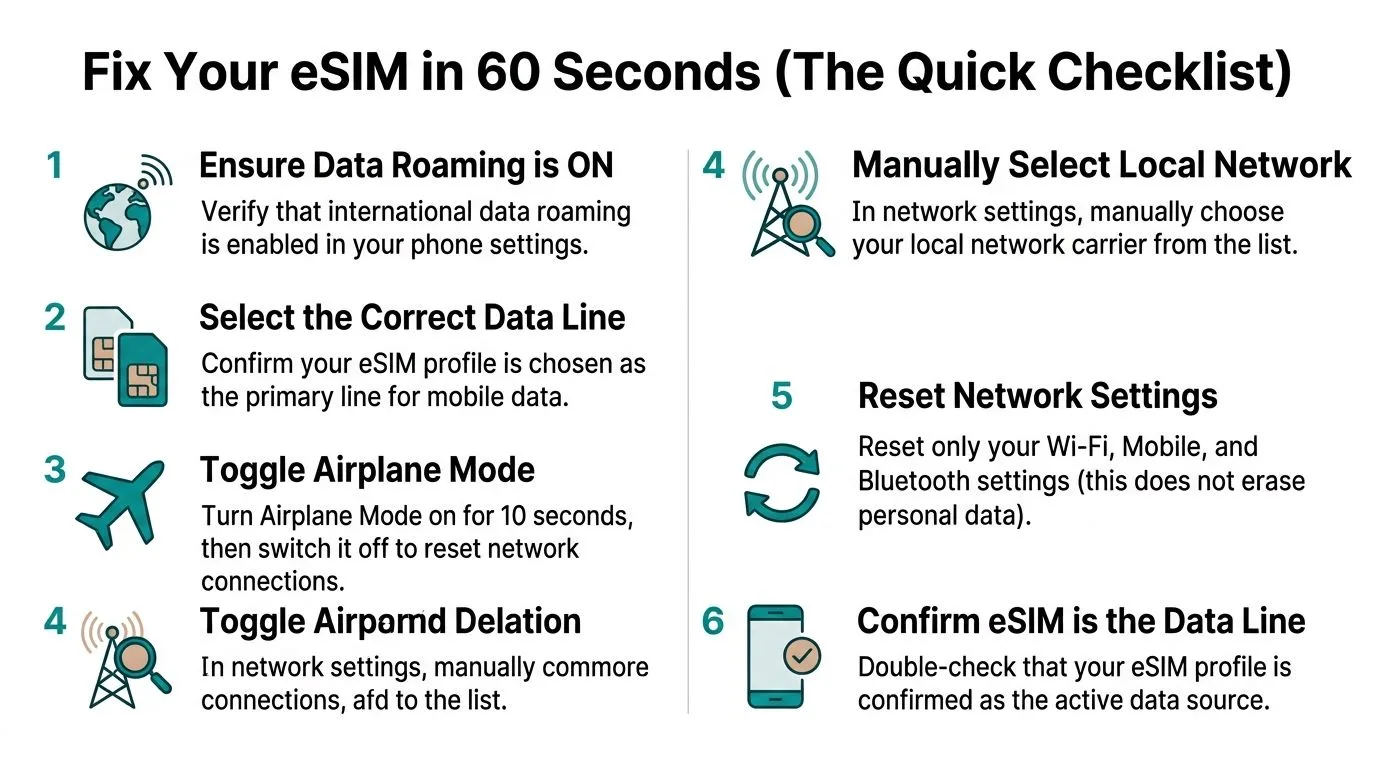 A quick checklist infographic illustrating six essential steps to troubleshoot and fix common eSIM connectivity issues.