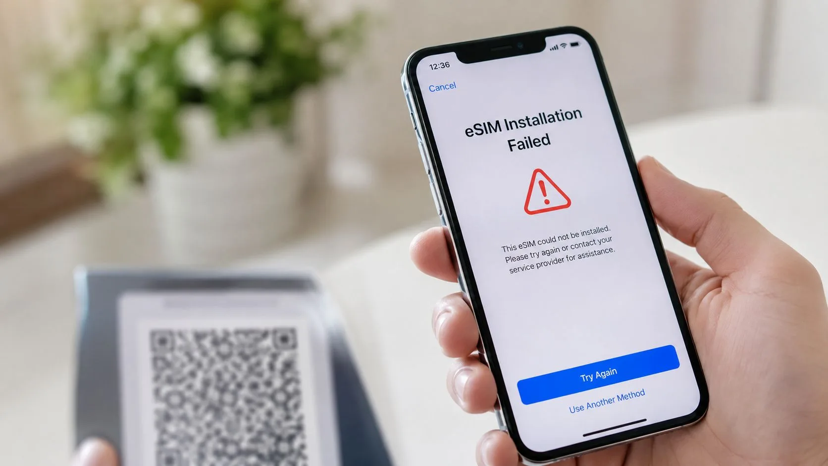 A person holding an iPhone displaying an error message stating that the eSIM installation failed.