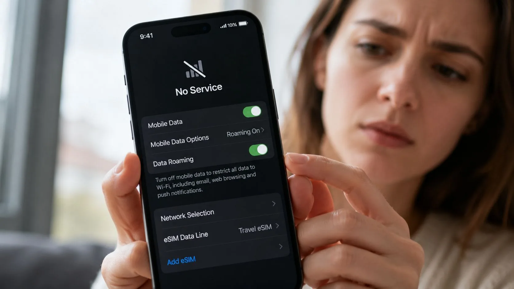 A concerned woman holding an iPhone displaying a No Service error on the settings screen.