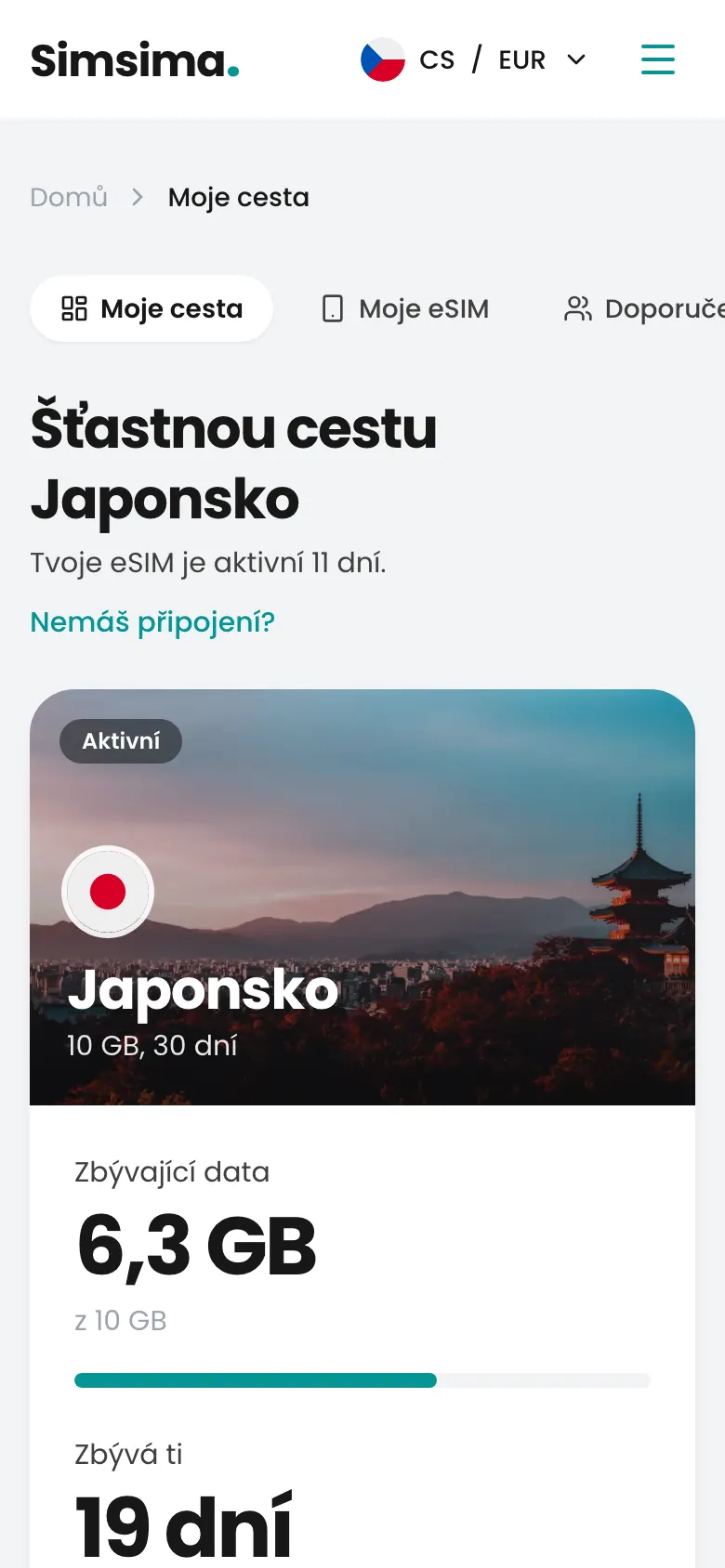 Účet Simsima, zbývá 6,3 GB v Japonsku