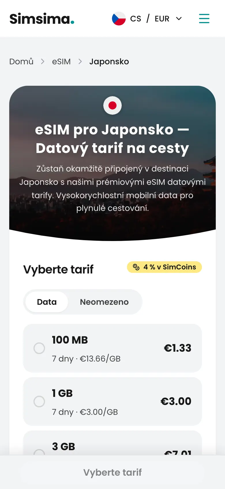 Stránka eSIM tarifů pro Japonsko na Simsima
