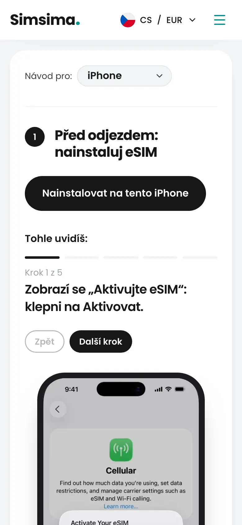 Účet Simsima, tlačítko pro instalaci eSIM na iPhonu