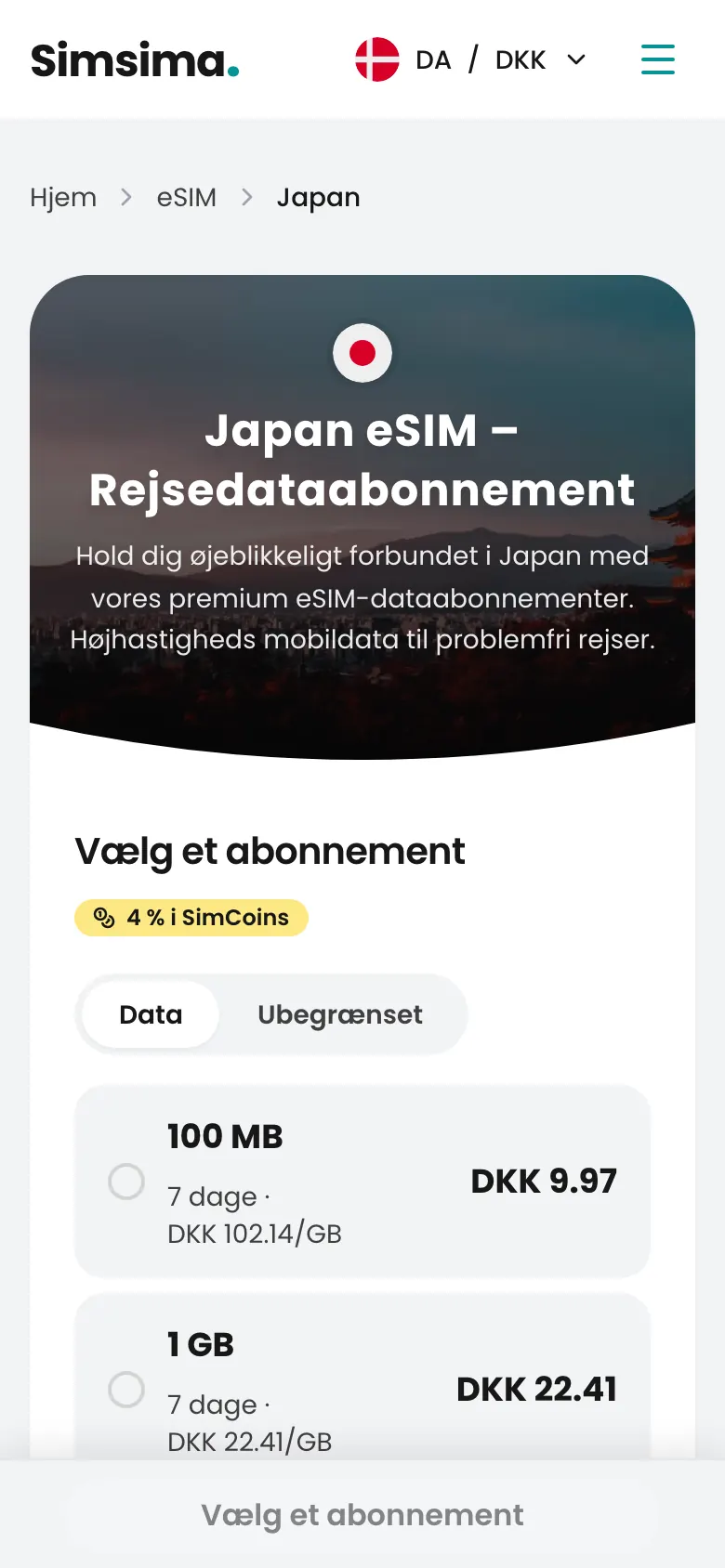 Simsimas side med eSIM-datapakker til Japan