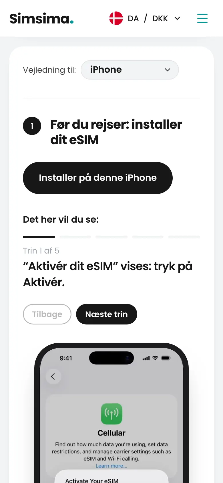 Simsima-konto, knap til installation af eSIM på iPhone