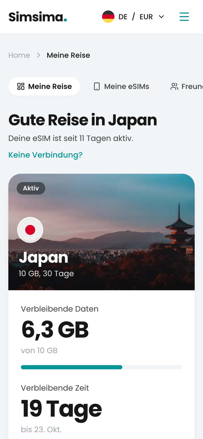 Simsima-Konto, 6,3 GB übrig in Japan