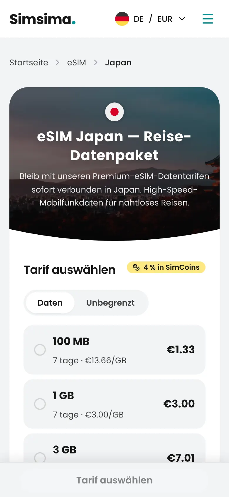 Simsima-Seite mit eSIM-Tarifen für Japan