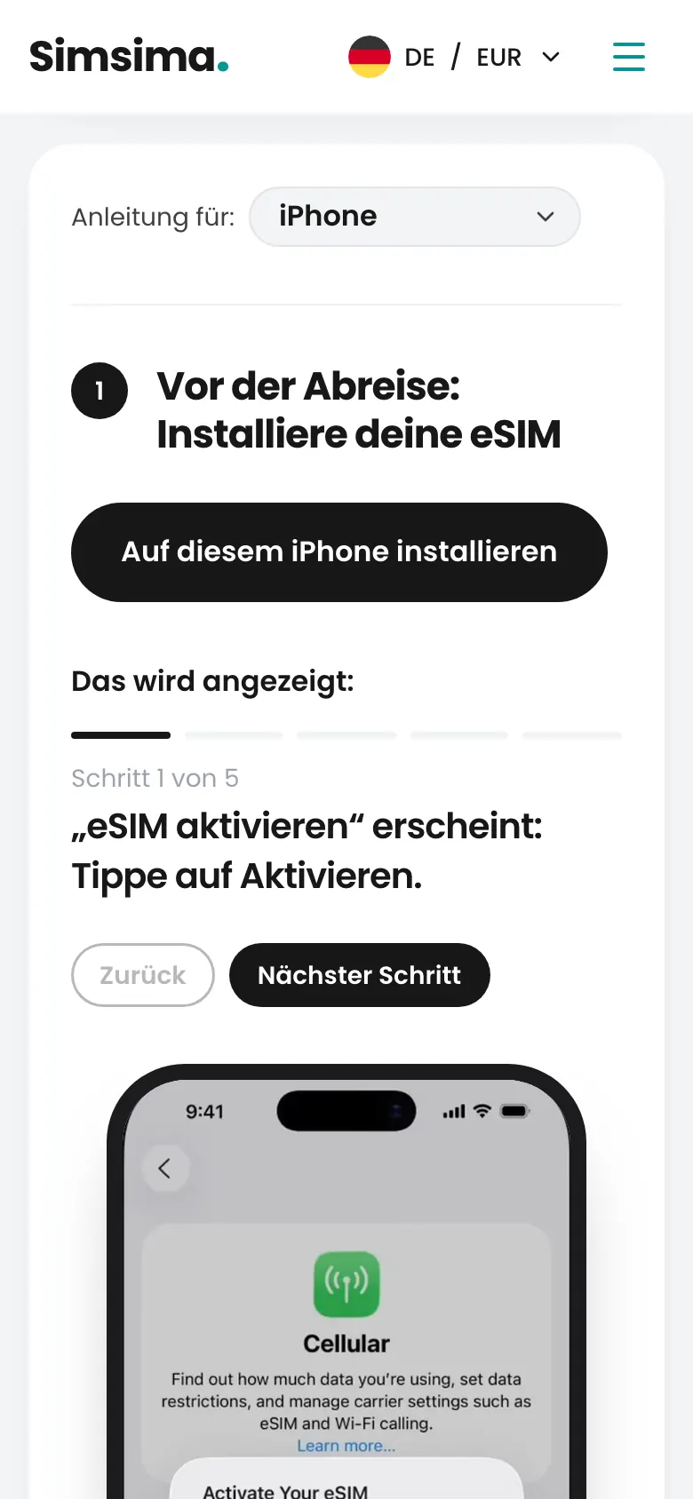 Simsima-Konto, Button zur eSIM-Installation auf dem iPhone