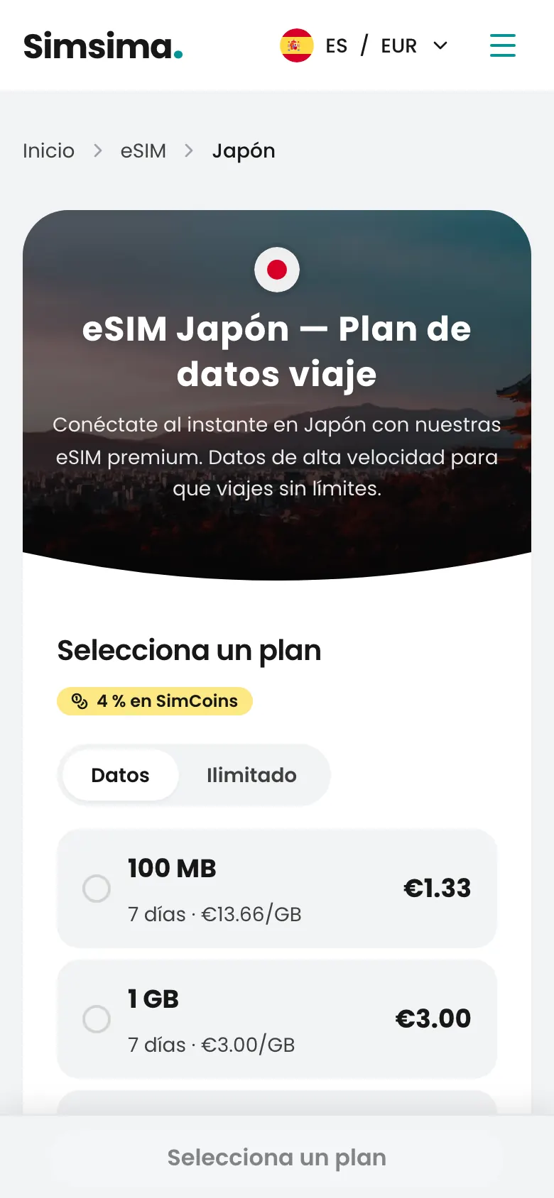 Página de planes eSIM para Japón en Simsima