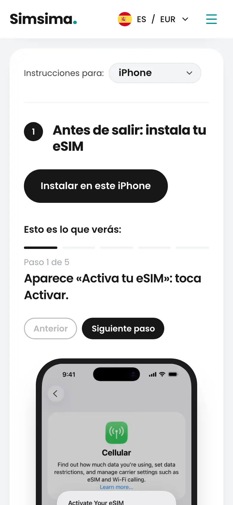 Cuenta Simsima, botón de instalación de la eSIM en iPhone