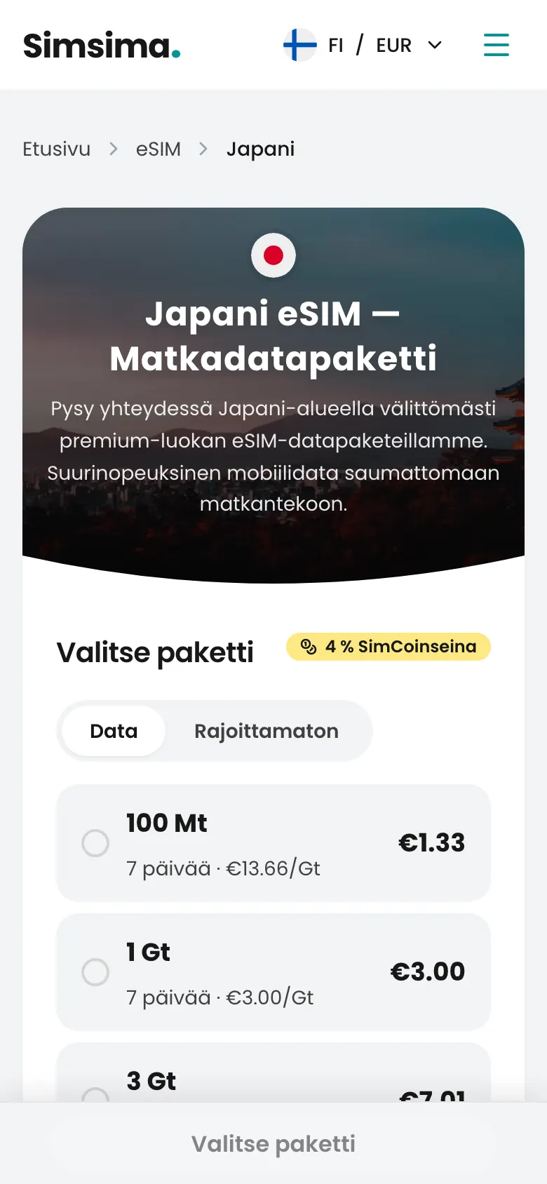 Simsiman Japanin eSIMien sivu