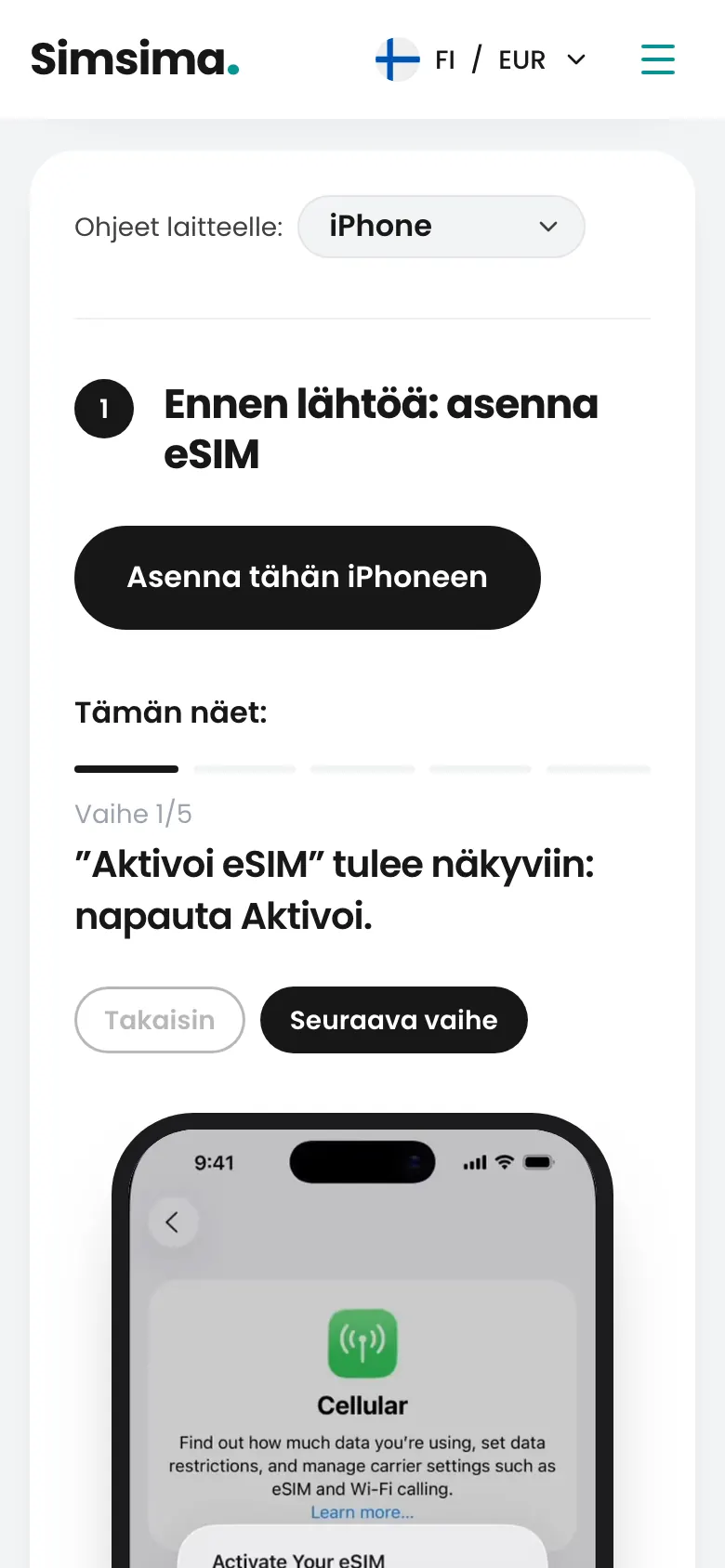 Simsima-tili, eSIMin asennuspainike iPhonessa