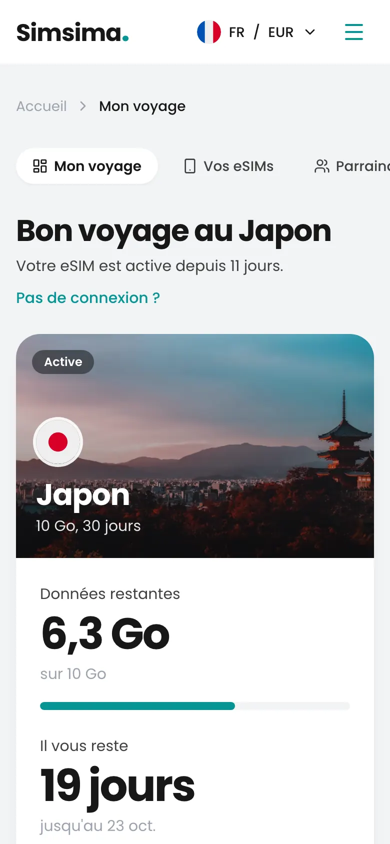 Espace client Simsima, 6,3 Go restants au Japon
