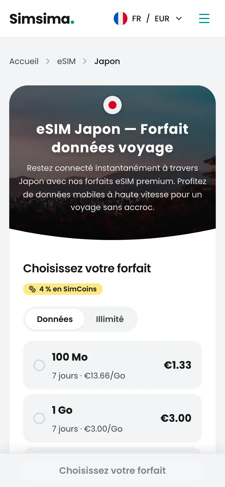 Page des forfaits eSIM Japon sur Simsima