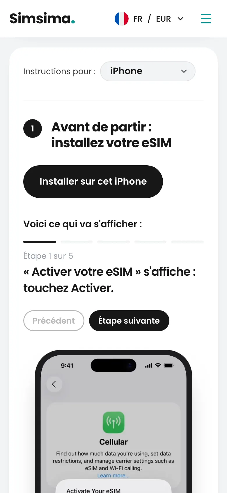 Espace client Simsima, bouton d'installation de l'eSIM sur iPhone