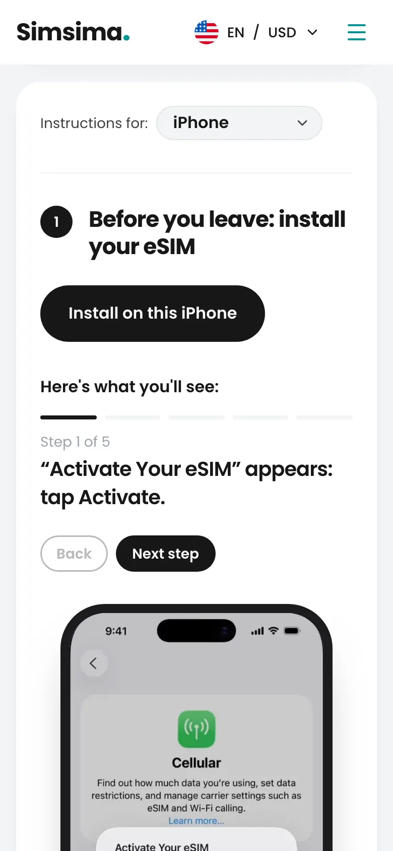 חשבון Simsima, כפתור התקנת ה-eSIM ב-iPhone