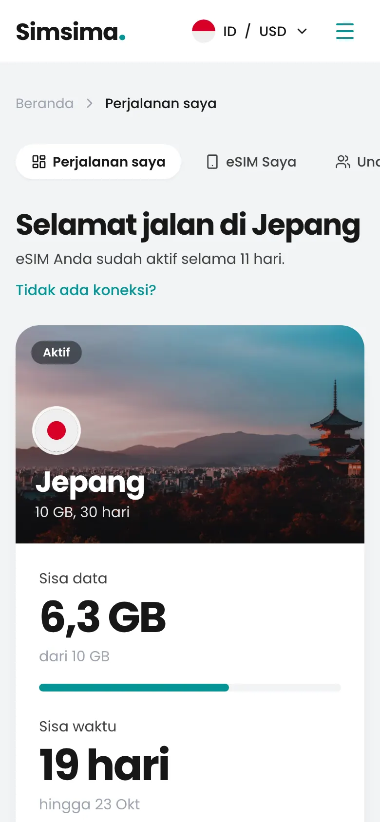 Akun Simsima, sisa 6,3 GB di Jepang
