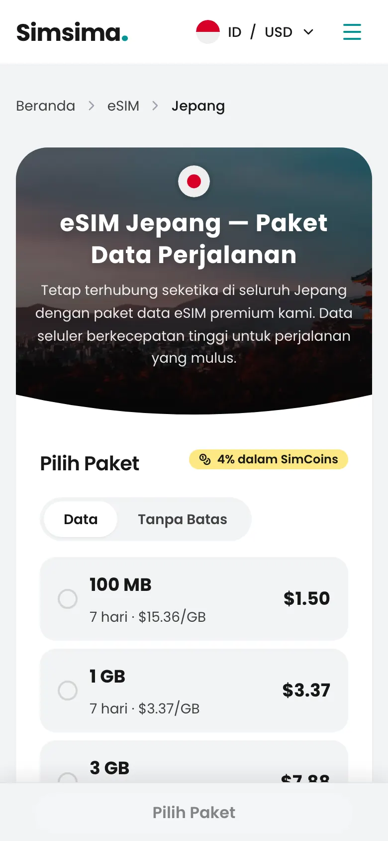 Halaman paket eSIM Jepang di Simsima