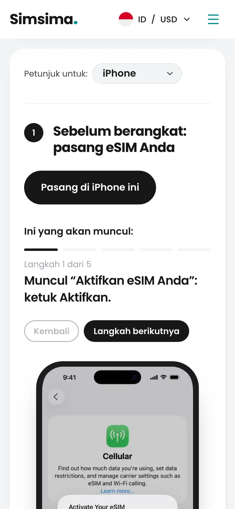 Akun Simsima, tombol pemasangan eSIM di iPhone