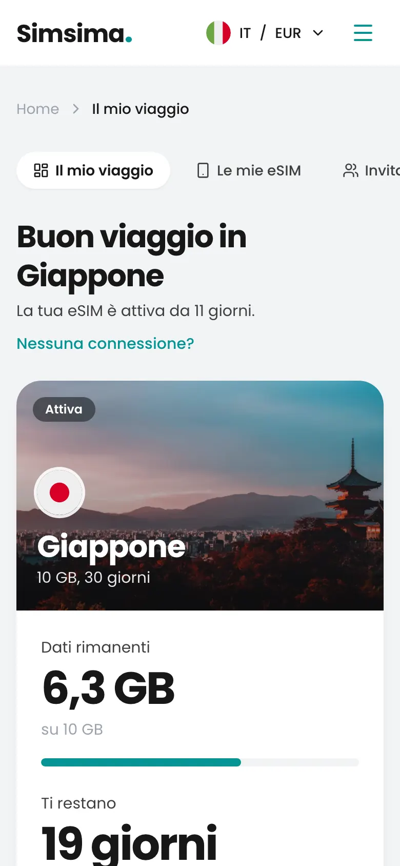 Account Simsima, 6,3 GB rimasti in Giappone