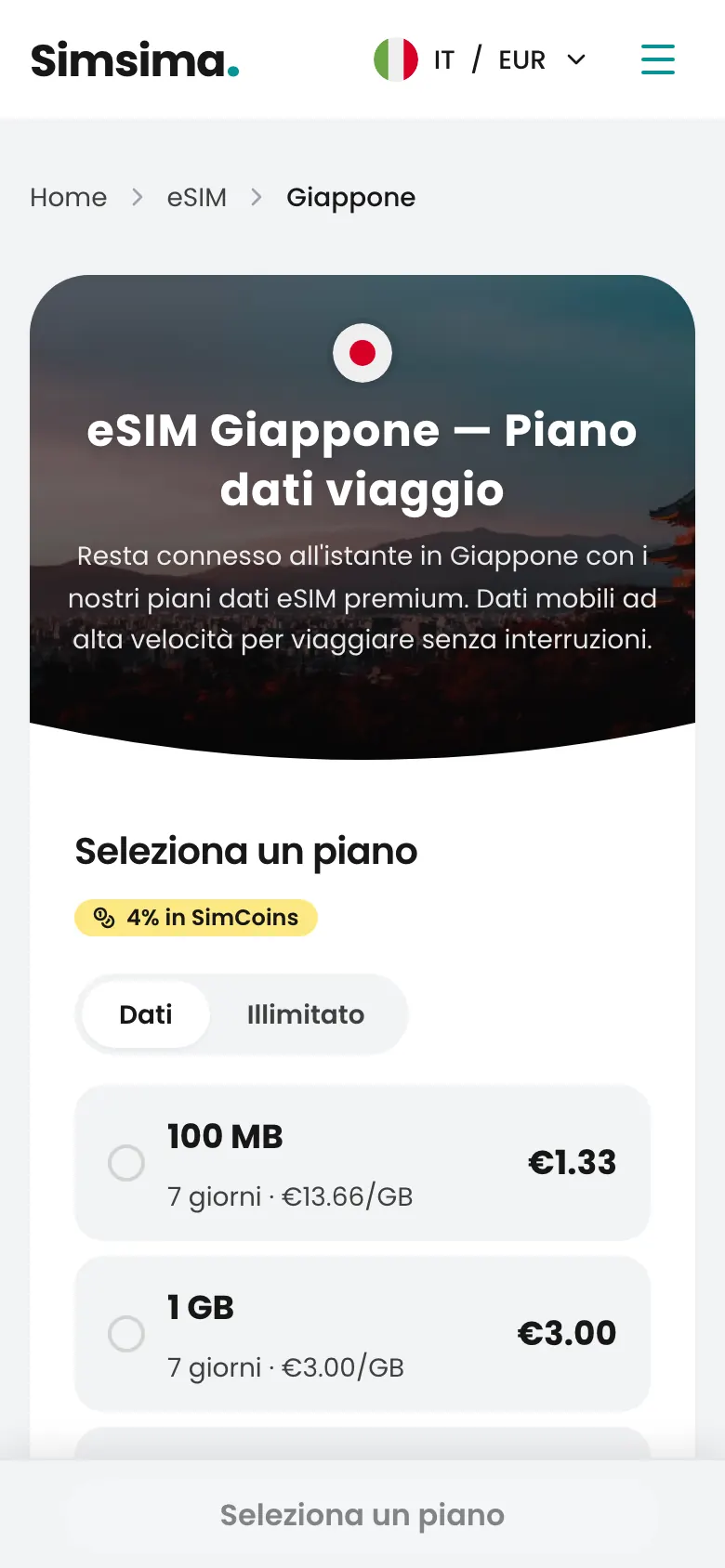 Pagina dei piani eSIM per il Giappone su Simsima