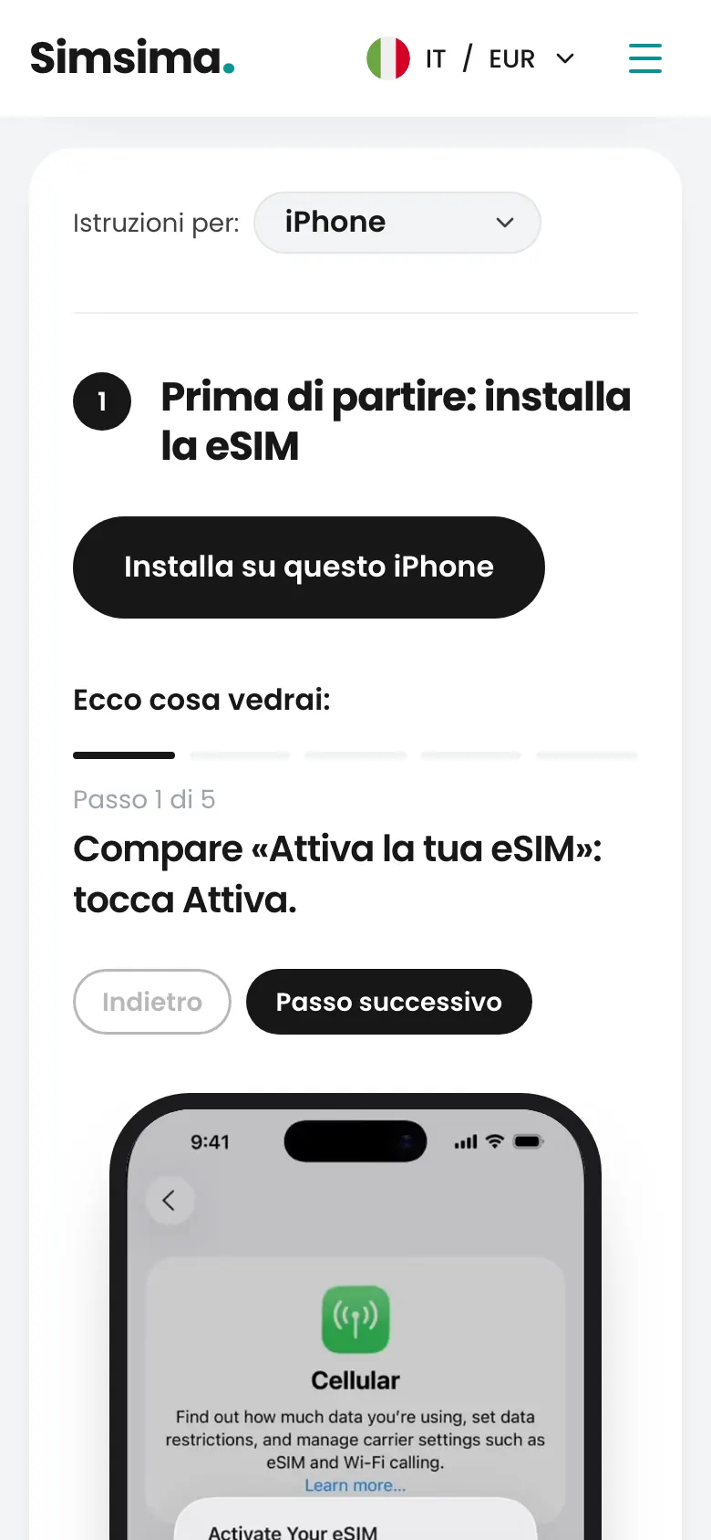 Account Simsima, pulsante di installazione della eSIM su iPhone