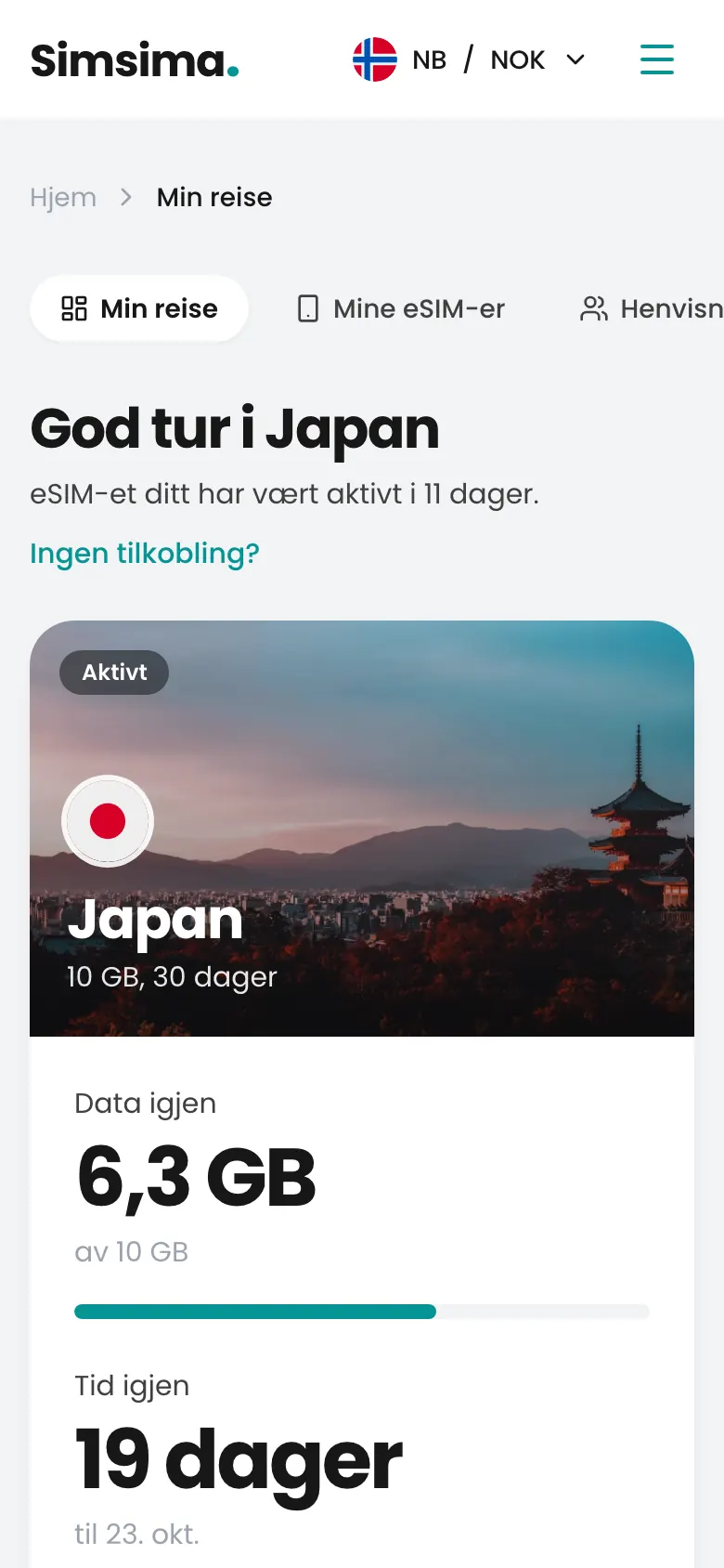 Simsima-konto, 6,3 GB igjen i Japan
