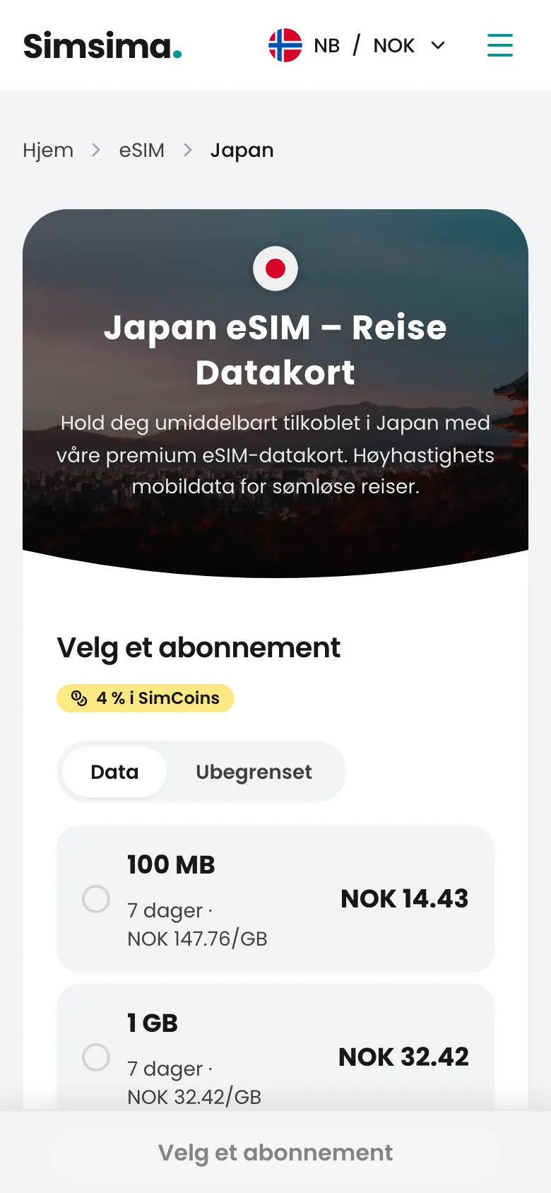 Simsimas side med eSIM-pakker for Japan