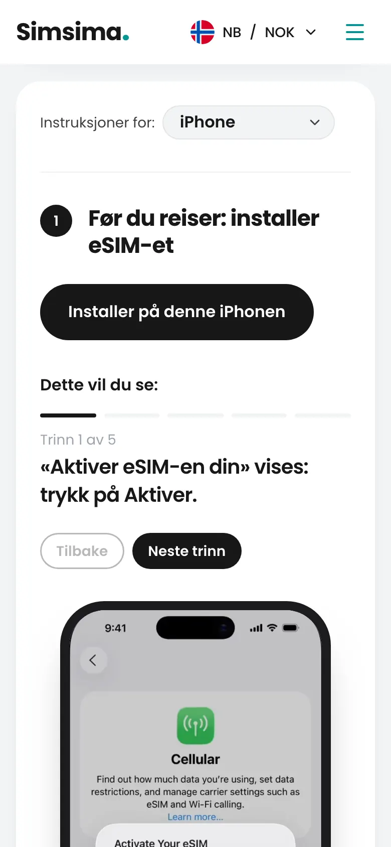 Simsima-konto, knapp for å installere eSIM på iPhone