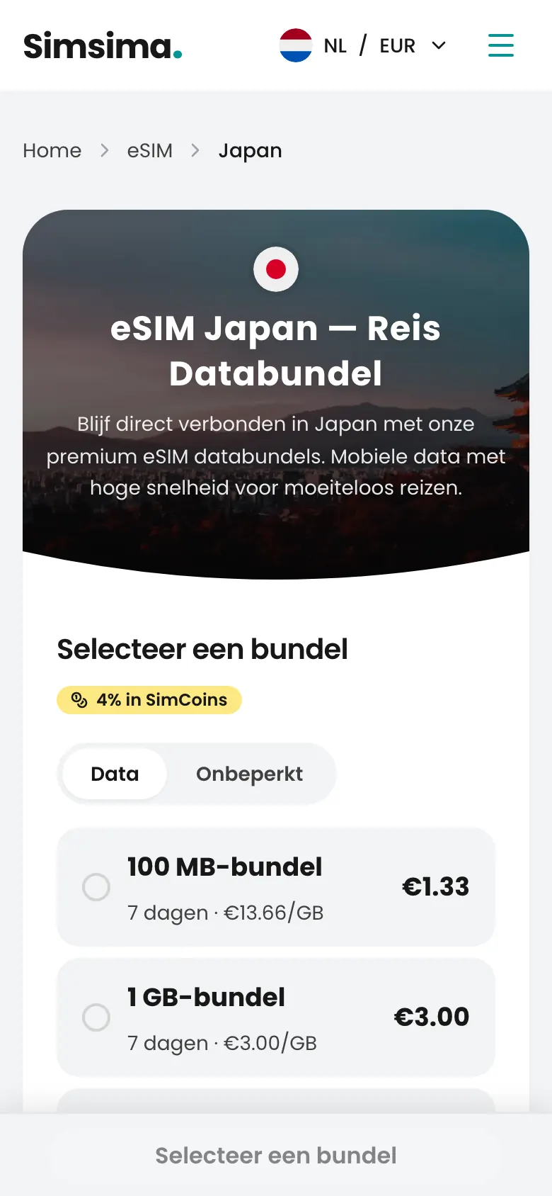 Simsima-pagina met eSIM-bundels voor Japan