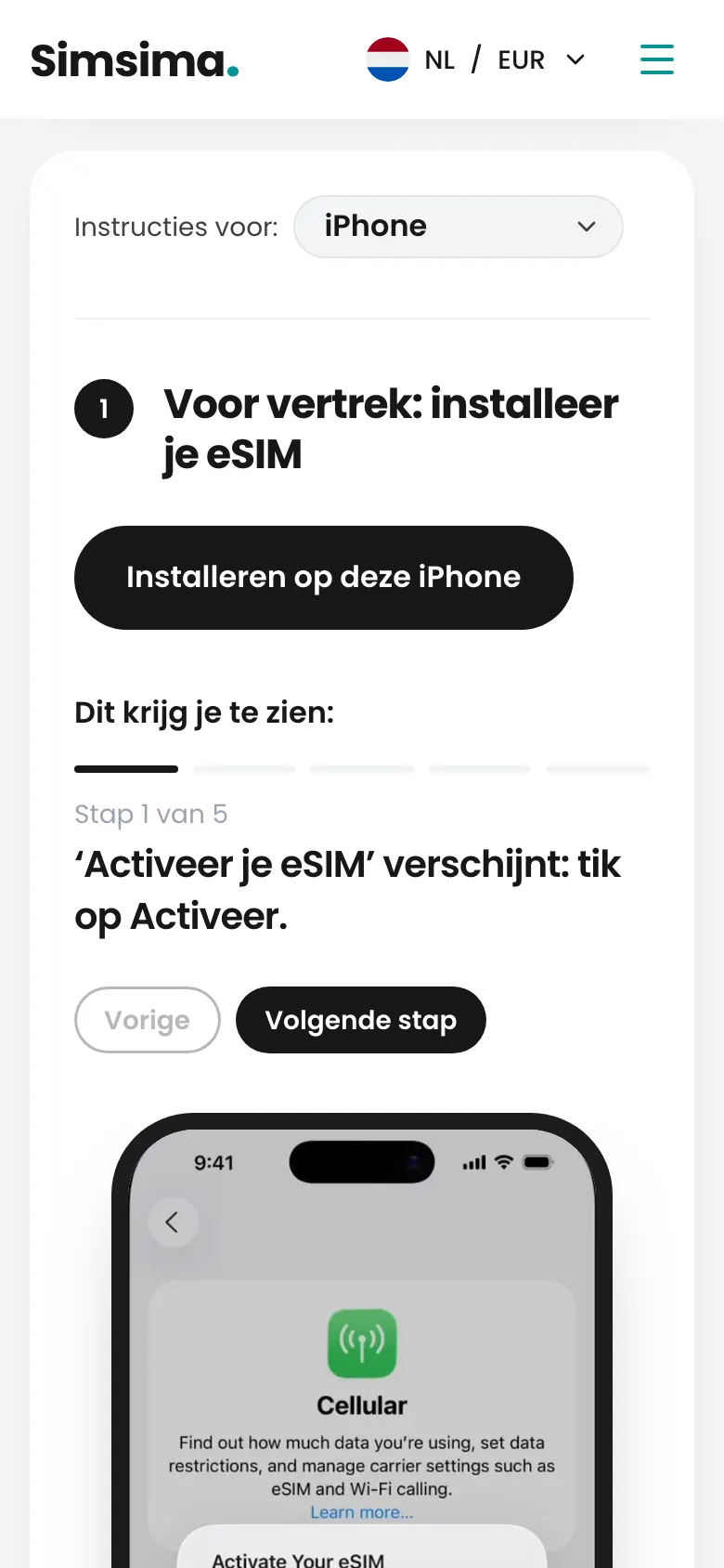 Simsima-account, knop om de eSIM op iPhone te installeren