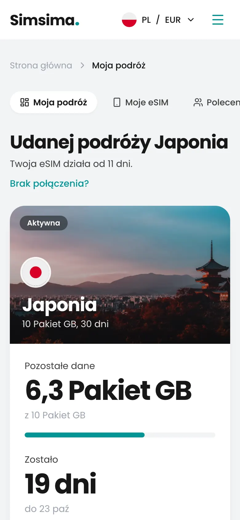 Konto Simsima, zostało 6,3 GB w Japonii