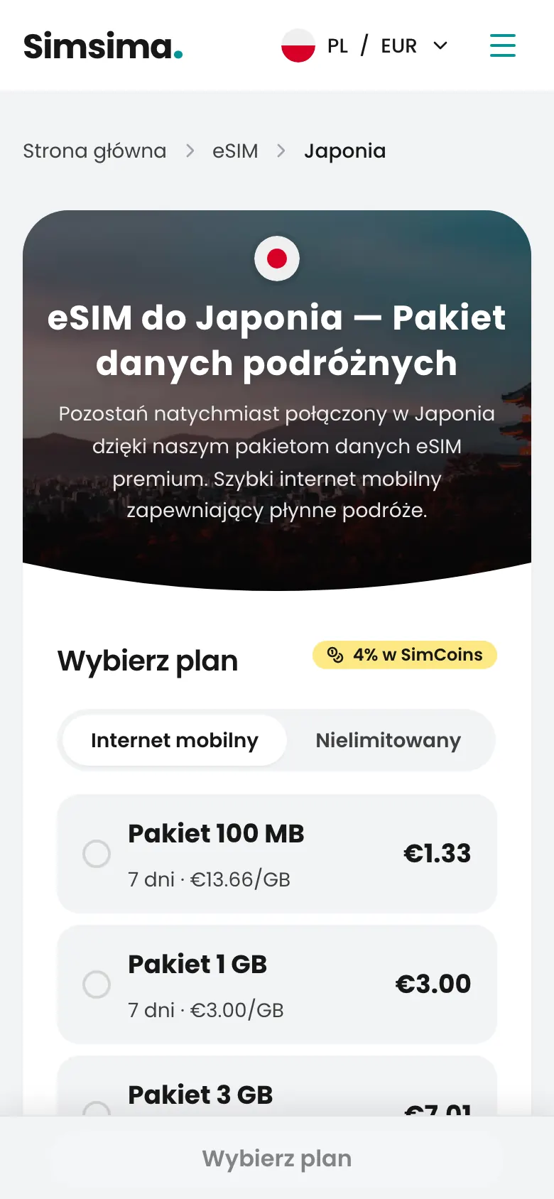 Strona pakietów eSIM na Japonię w Simsima