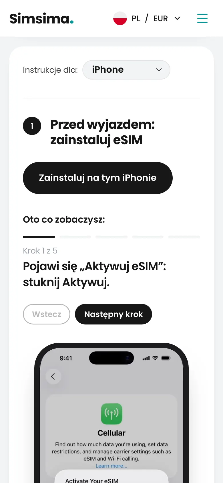 Konto Simsima, przycisk instalacji eSIM na iPhonie