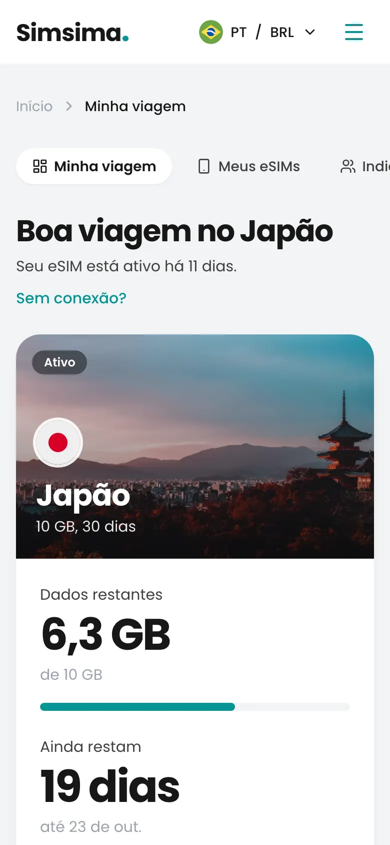 Conta Simsima, 6,3 GB restantes no Japão