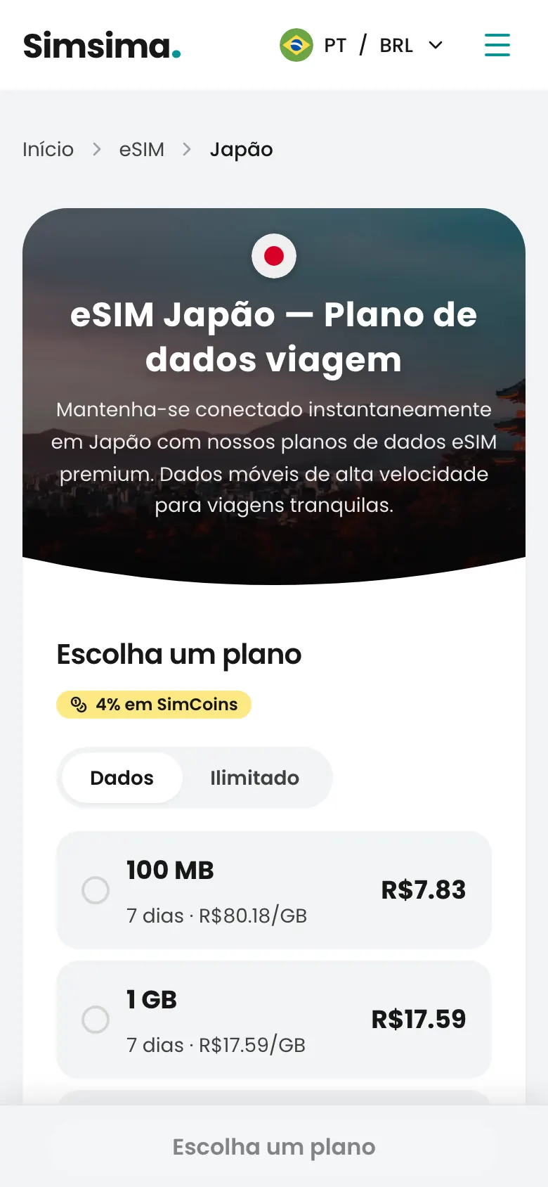 Página de planos eSIM para o Japão na Simsima