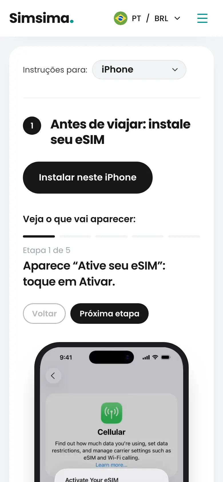Conta Simsima, botão de instalação do eSIM no iPhone