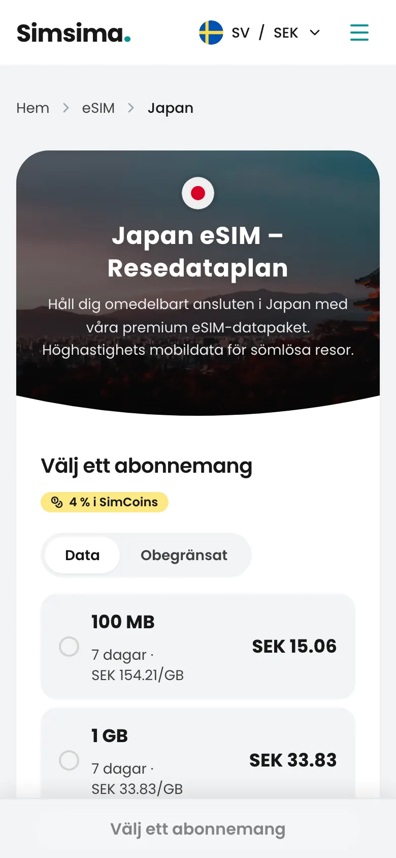 Simsimas sida med eSIM-paket för Japan