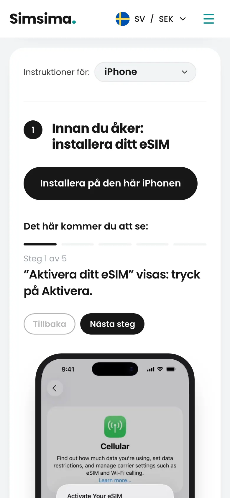 Simsima-konto, knapp för att installera eSIM på iPhone