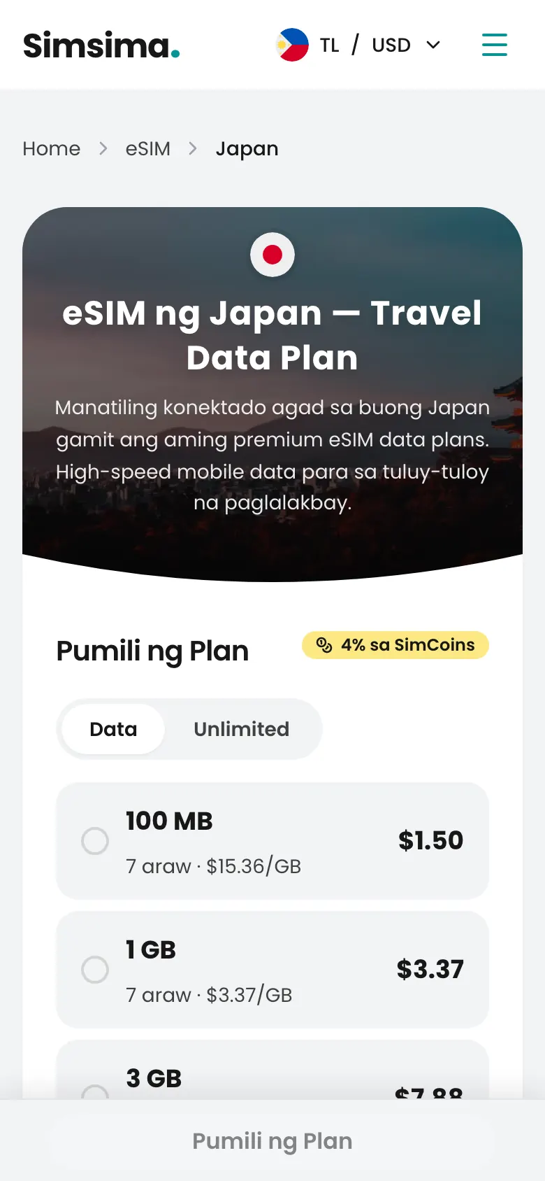 Pahina ng mga eSIM plan para sa Japan sa Simsima