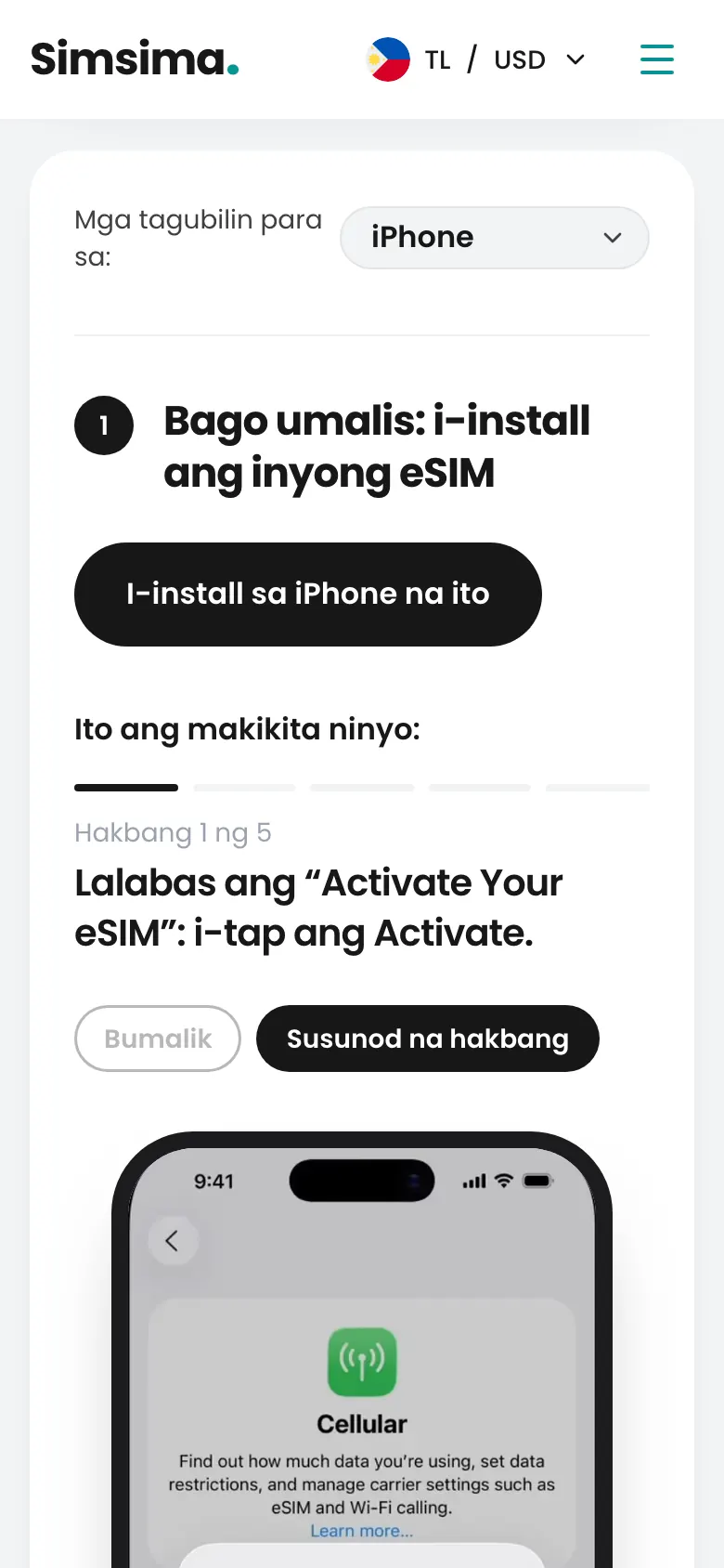 Simsima account, button para i-install ang eSIM sa iPhone