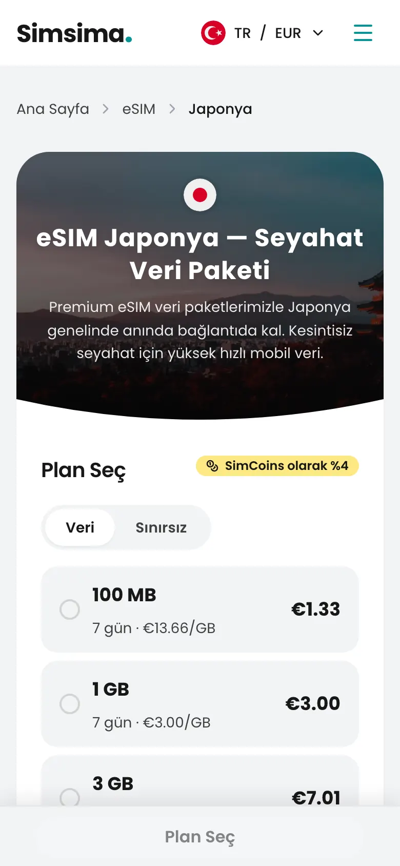 Simsima'da Japonya eSIM paketleri sayfası