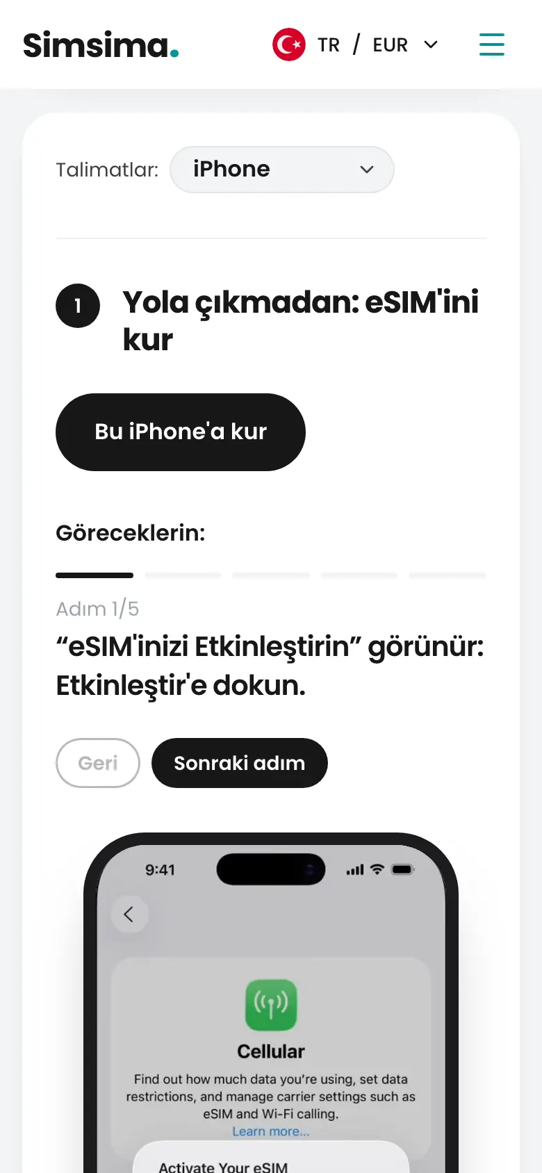 Simsima hesabı, iPhone'da eSIM kurulum düğmesi