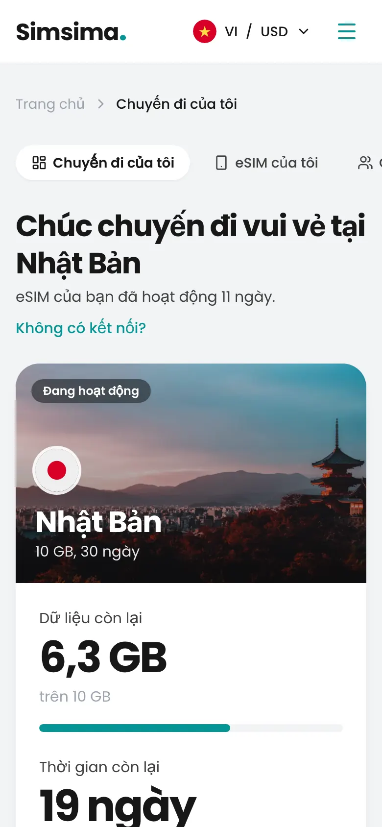 Tài khoản Simsima, còn 6,3 GB tại Nhật Bản