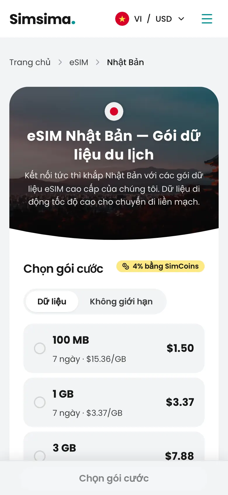 Trang gói eSIM Nhật Bản trên Simsima