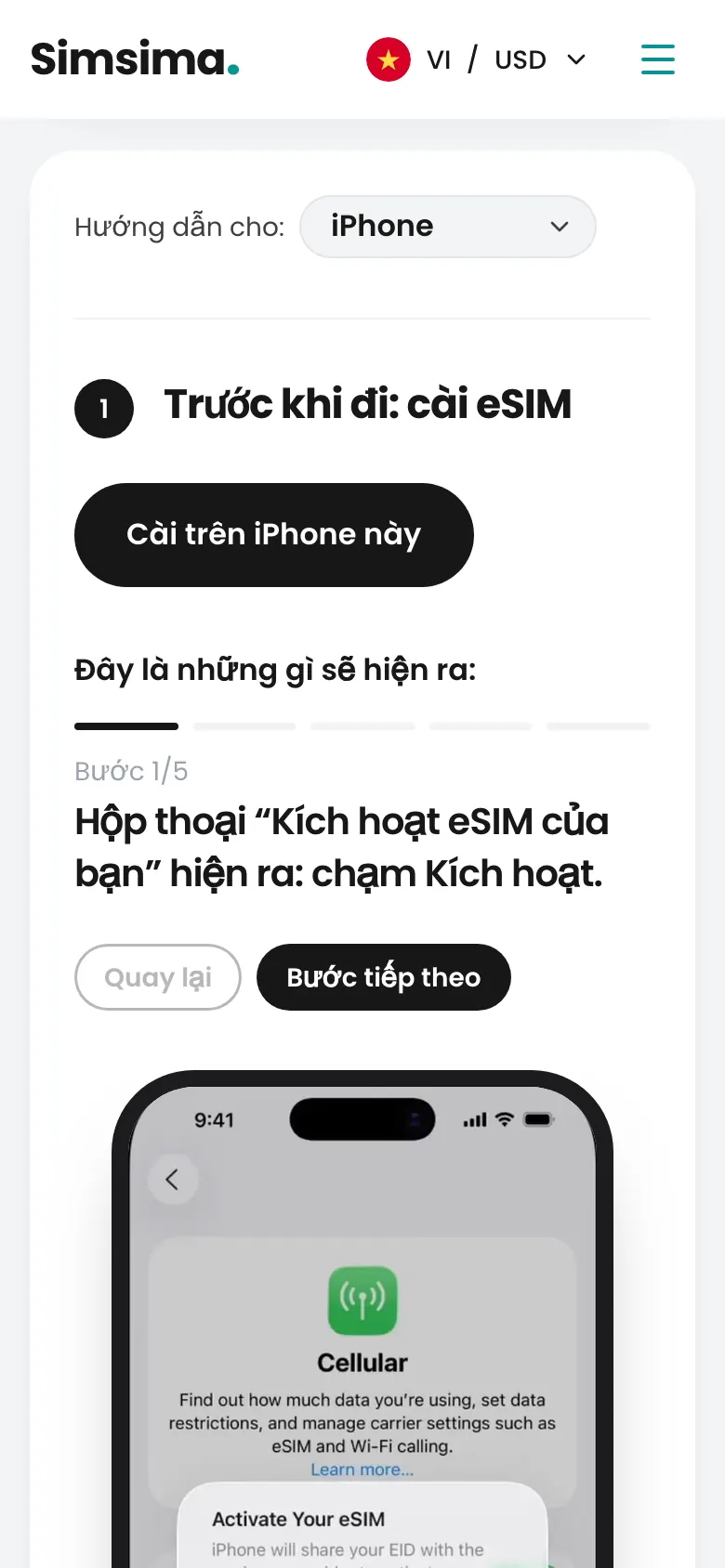 Tài khoản Simsima, nút cài đặt eSIM trên iPhone