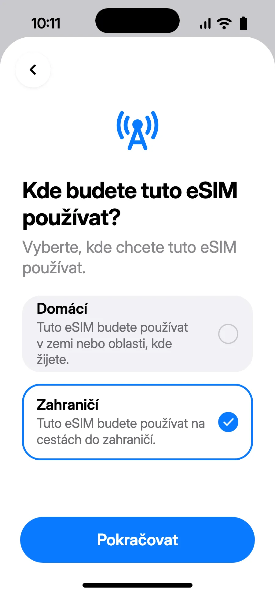 Vyber „Zahraničí“ a klepni na Pokračovat.