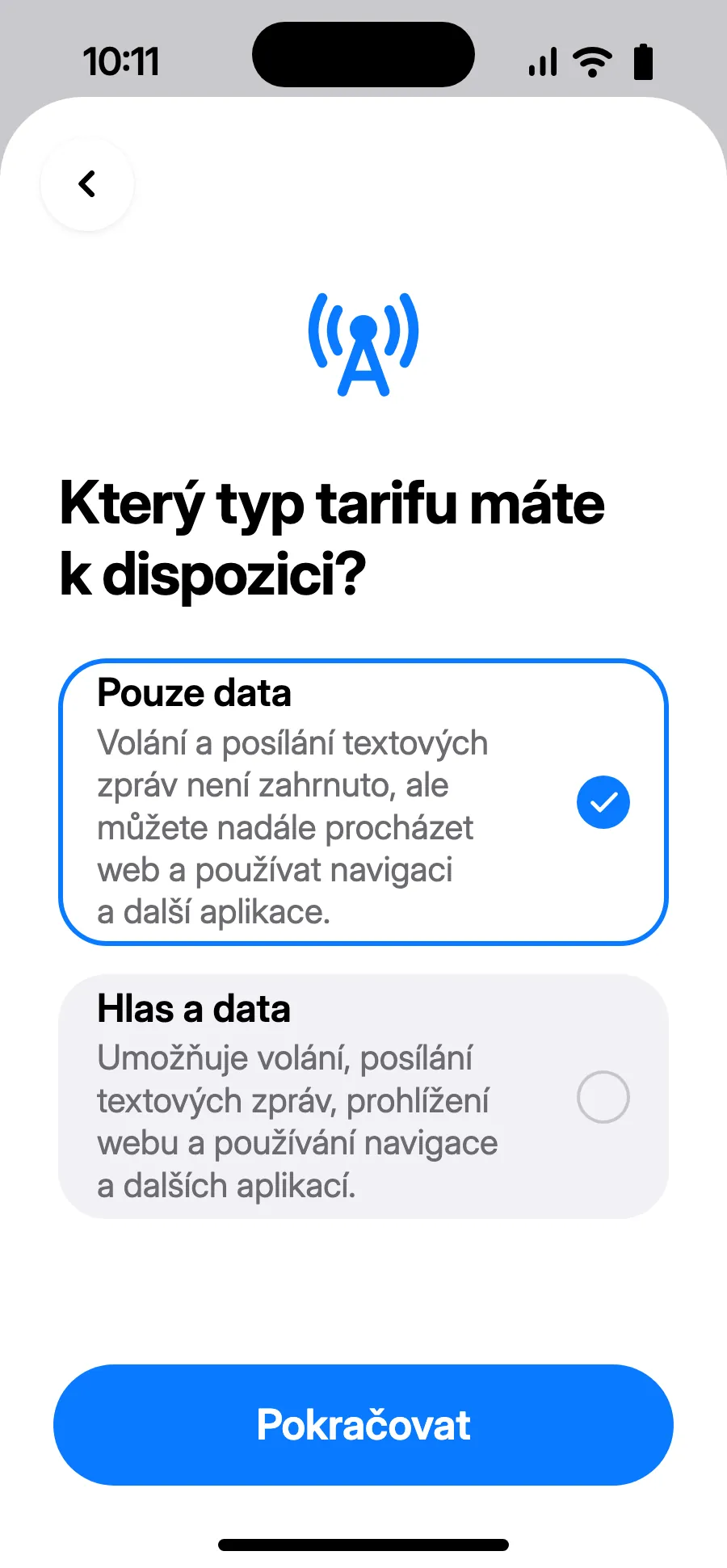 Vyber „Pouze data“ a klepni na Pokračovat. eSIM slouží pro data; tvoje obvyklé číslo si nechá hovory a SMS.