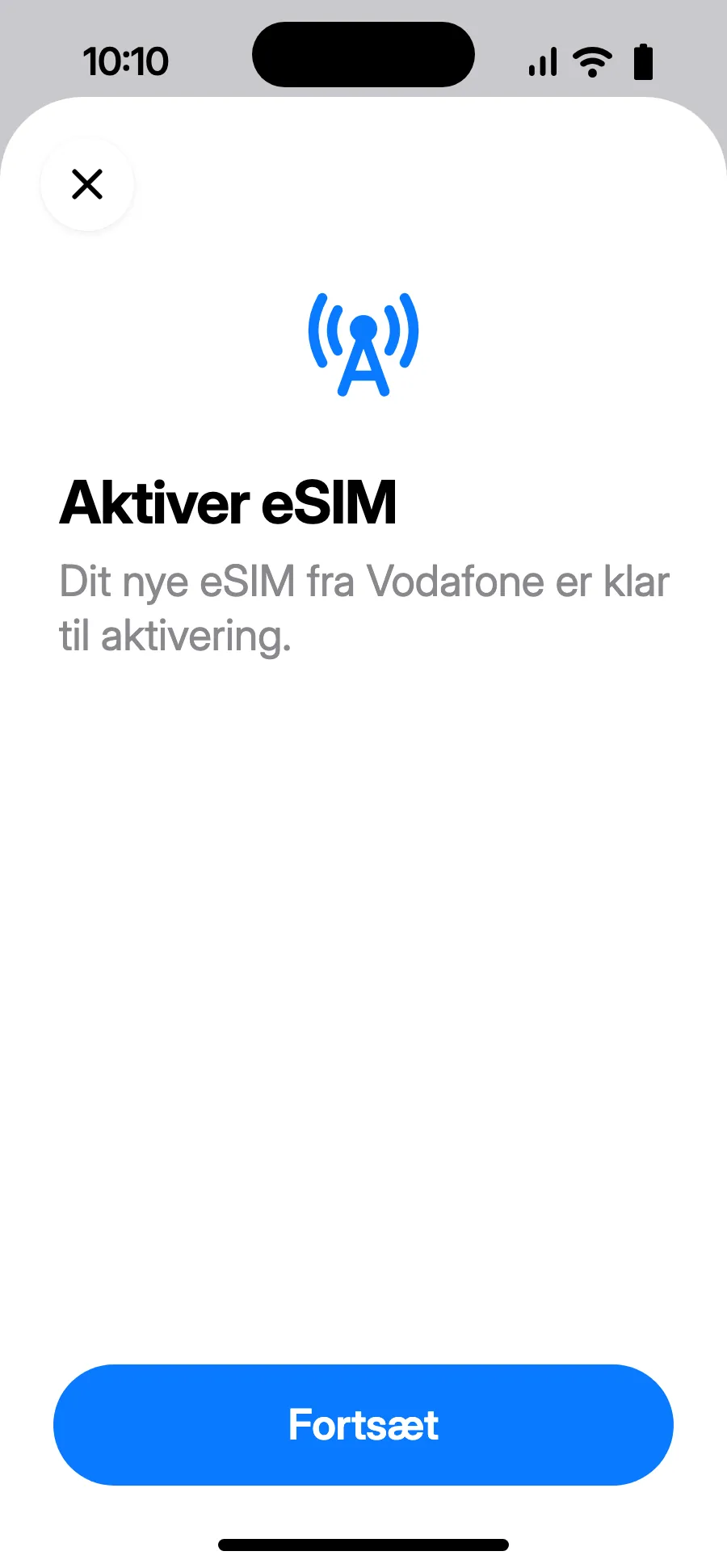 “Aktiver eSIM” åbner: tryk på Fortsæt.