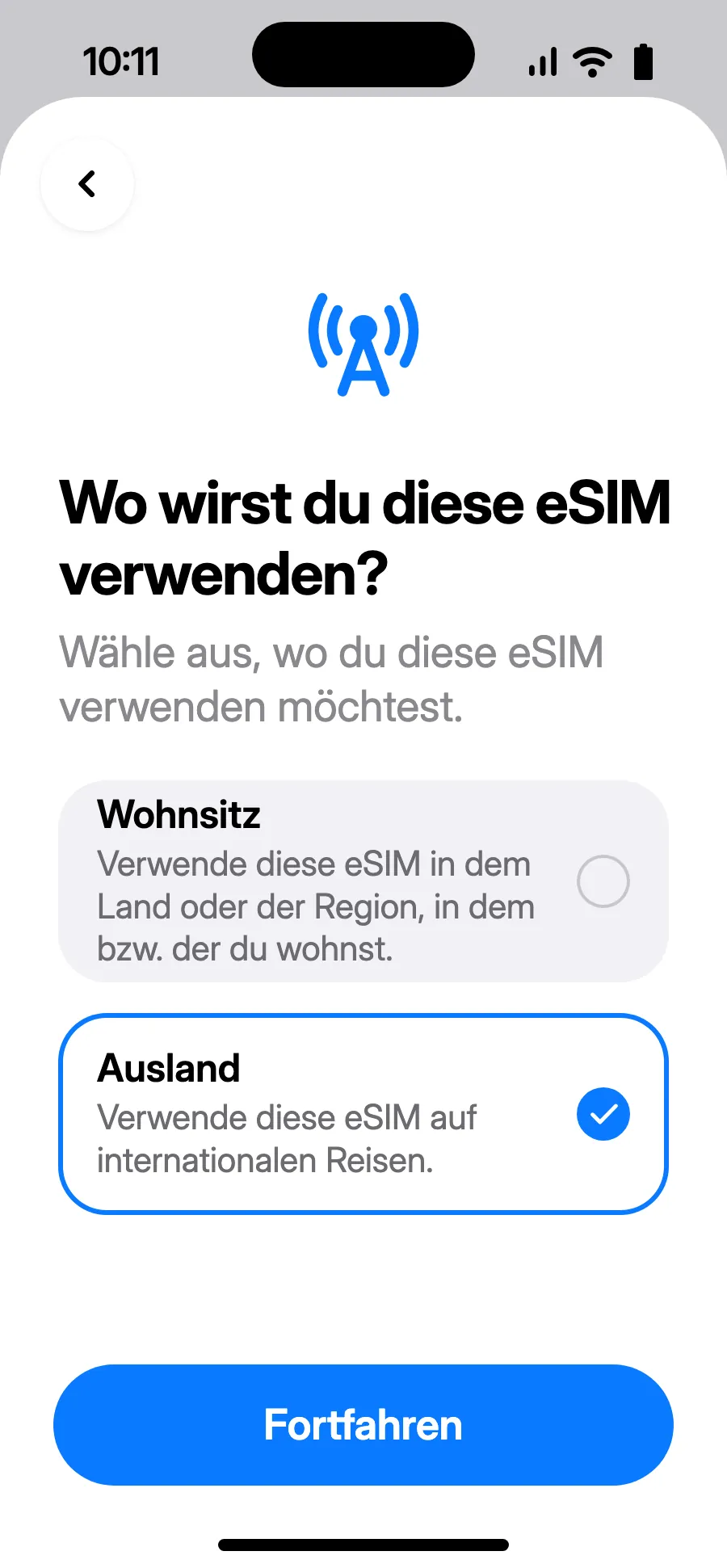 Wähle „Ausland“ und tippe auf Fortfahren.